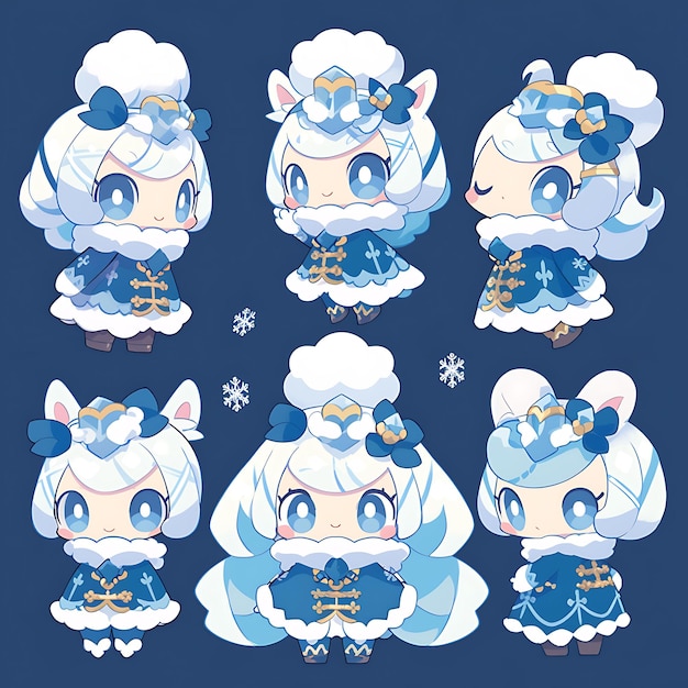 Photo Étiquette de la femme chibi kawaii russe matryoshka pastel blues chapeau de fourrure concept art jeu actif