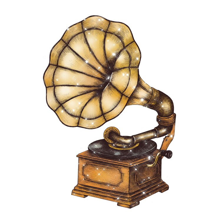 Photo étiquette de gramophone étincelante à bordure blanche
