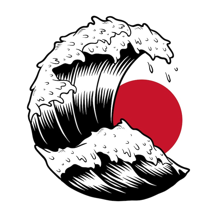 Photo étiquette japonaise à vagues avec une bordure blanche