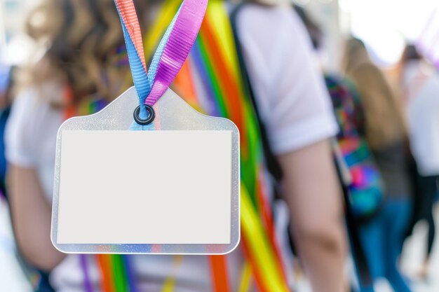 Photo Étiquette de nom blanche sur une personne à la corde colorée en arrière-plan