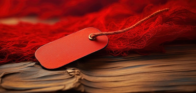 une étiquette rouge assise lâchement sur un tissu brun dans le style d'un artisanat précis