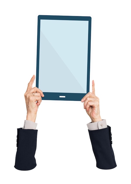 Étiquette de tablette png tenue à la main appareil numérique fond transparent