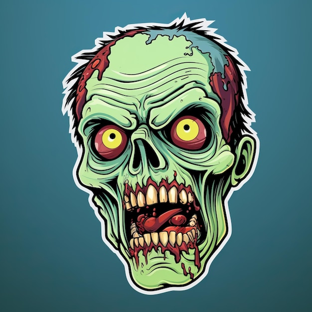 Photo Étiquette de tête de zombie de dessin animé sur fond bleu