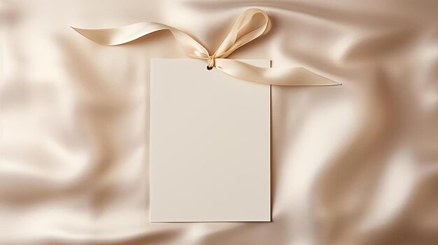 Photo Étiquette vierge blanche avec une corde pour maquette sur fond de couleur crème