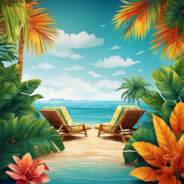 Photo Étiquettes d'été avec lunettes de soleil, feuilles de palmiers tropicaux et logo de plage
