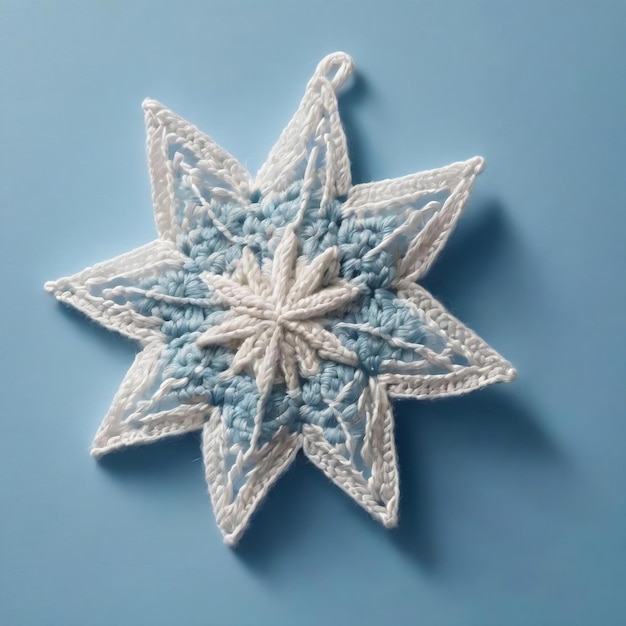 L'étoile blanche crochetée avec un crochet sur un fond bleu avec un espace de copie