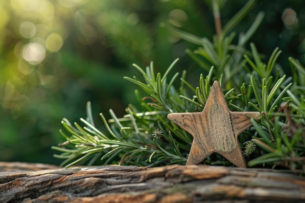 Photo une étoile en bois au sommet d'une branche d'arbre parfaite pour les décorations de vacances