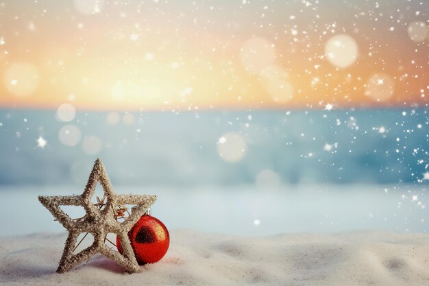 Étoile et boule rouge du Nouvel An sur le sable Bonne année carte de vœux