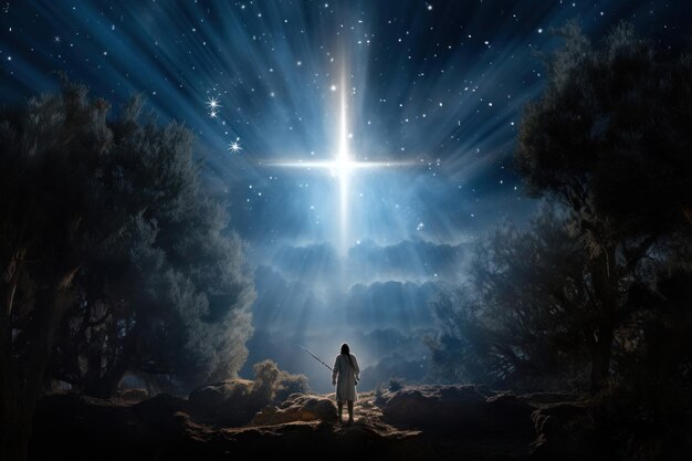 L'étoile brille sur la crèche de Noël de Jésus-Christ