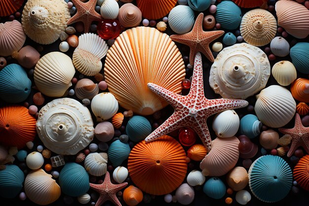 Photo Étoile de mer araffe et coquillages sur une plage avec des coquillages bleus et orange ai générative