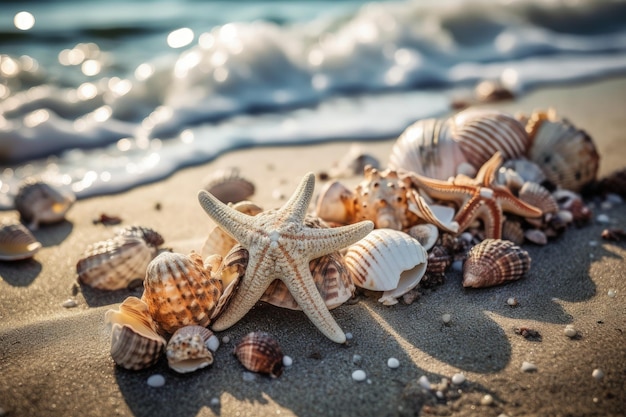 Une étoile de mer et autres coquillages sur une plage IA générative