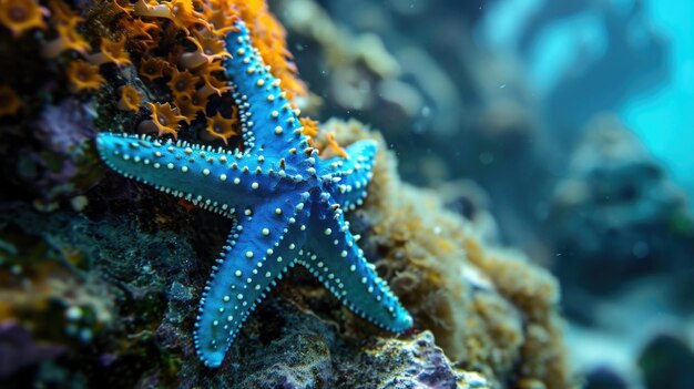 Une étoile de mer bleue au néon s'accrochant au côté d'un récif de corail sa couleur radieuse se démarquant contre le