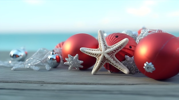 Photo Étoile de mer et boule de noël sur la plage