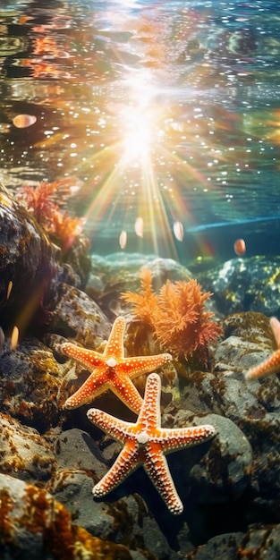 Étoile de mer dans l'océan avec le soleil qui brille dessus