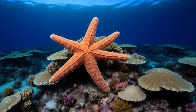 une étoile de mer est sur un récif corallien avec d'autres espèces marines