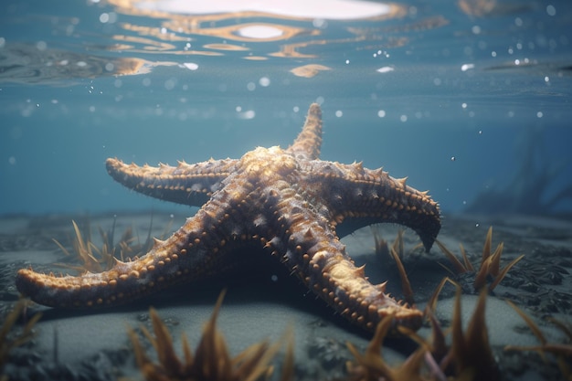 Une étoile de mer est sous l'eau et est entourée de plantes.