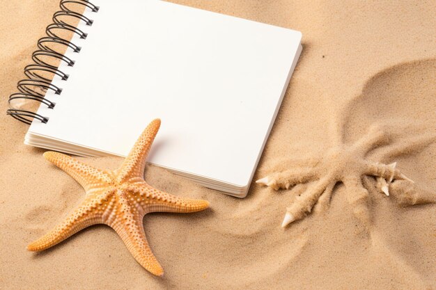 Photo Étoile de mer sur fond de sable avec cahier vierge