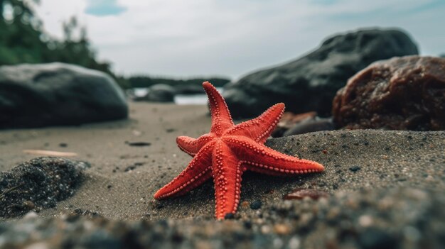 Une étoile de mer sur la plage avec un ciel bleu en arrière-plan