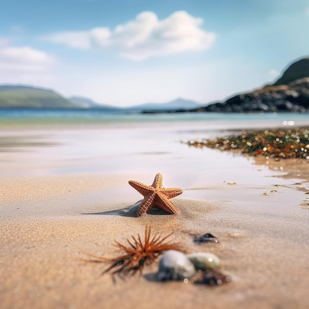 Une étoile de mer sur la plage avec un ciel bleu en arrière-plan