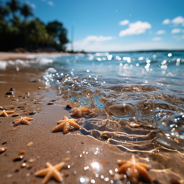 étoile de mer sur la plage avec un ciel bleu et des palmiers en arrière-plan