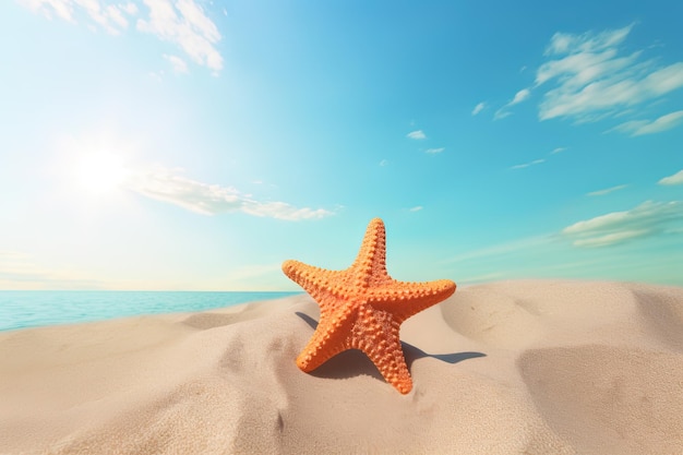 une étoile de mer sur une plage de sable avec l'océan en arrière-plan