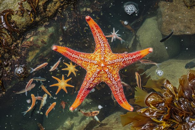 Une étoile de mer repose dans l'eau au milieu d'un dense amas d'algues une étoile de Mer animée interagissant avec de petits poissons dans un bassin de marée AI généré