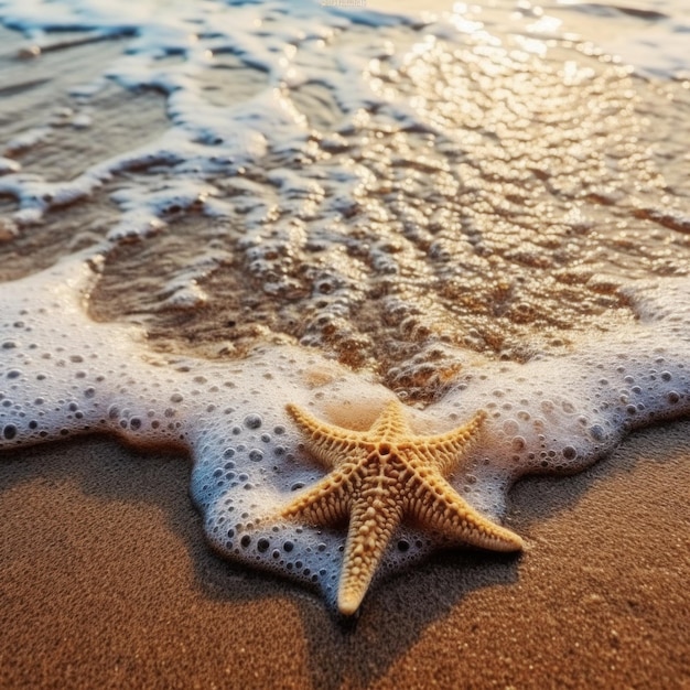 Une étoile de mer sur le sable est lavée par l'eau de mer avec de la mousse Vue de dessus Generative AI