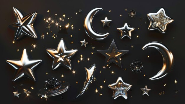 Des étoiles chromées 3D isolées dans le style futuriste Y2K sur un fond sombre emoji 3D Y2K avec des étoiles volantes et tombantes, de la lune et des étincelles