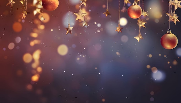 Des étoiles colorées et des boules sur des cordes en haut Effet Bokeh en arrière-plan Bannière de Noël avec de l'espace pour votre propre contenu