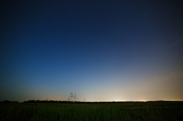 Les étoiles dans le ciel nocturne et la ville éclairée à l'horizon.