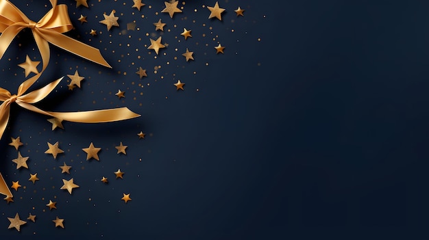 Photo des étoiles dorées et un ruban noir sur un fond bleu foncé copier l'espace de noël et du nouvel an festif