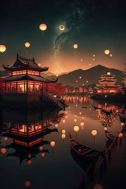 Des étoiles galactiques dans le ciel nocturne de la dynastie Tang avec des lanternes rouges Kongming s'élevant dans le ciel des maisons des deux côtés du lac des foules regardent le festival des lanternes AIGenerated
