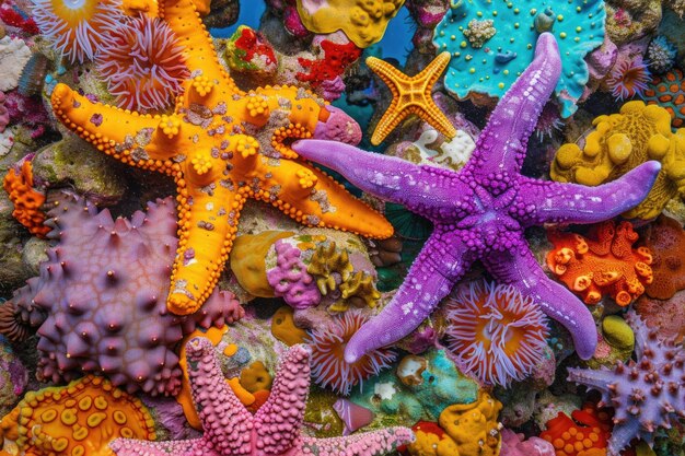 Des étoiles de mer colorées reposant sur un récif corallien vibrant