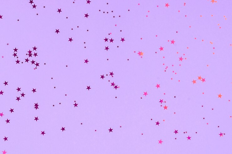 Étoiles violettes confettis scintillants dans un style abstrait sur fond de menthe.