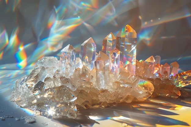 Photo un étonnant amas de cristaux de quartz avec des réfractions lumineuses colorées