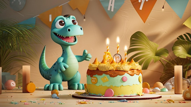 Photo un étonnant gâteau d'anniversaire sur le thème des dinosaures orné de jouets dans un intérieur minimaliste de couleurs claires incarnant la joie d'une célébration sur le thème préhistorique