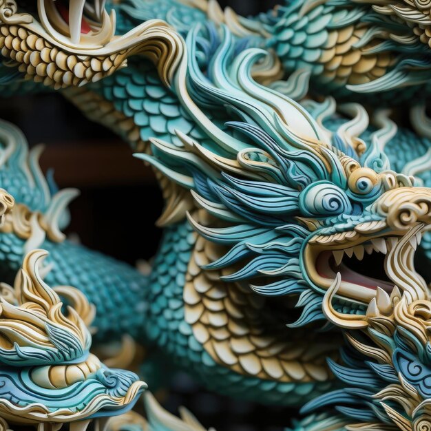 Une étonnante exposition de figurines de dragons chinois bleus et jaunes carrelées