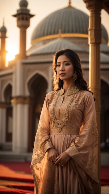 Photo une étonnante femme asiatique ornée et debout devant une mosquée magnifiquement détaillée