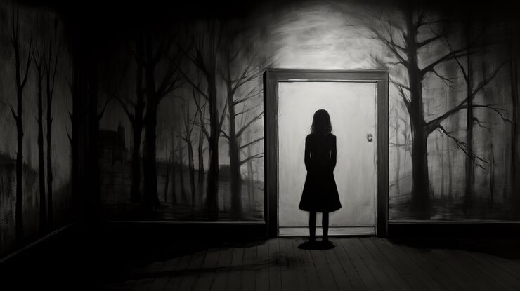 Photo une étrange peinture en gris noir et blanc d'une fille à la silhouette dans une pièce d'ennuicaptation