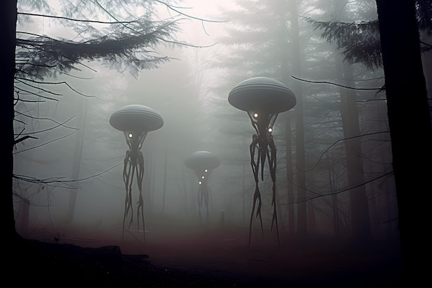 D'étranges créatures d'origine extraterrestre sous forme d'OVNI avec des tentacules et des lumières se déplacent à travers la forêt pendant le brouillard