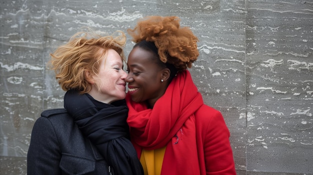 Une étreinte affectueuse entre deux femmes différentes sur un fond gris.