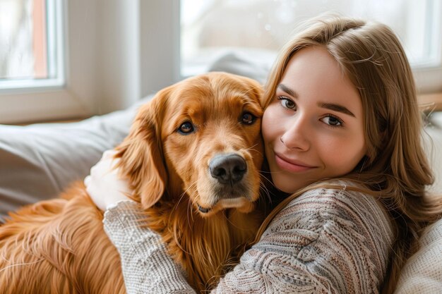 Une étreinte d'amour entre une femme et un golden retriever