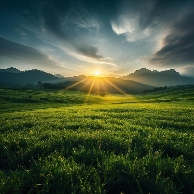 L'étreinte de l'aube Une prairie minimaliste au lever du soleil