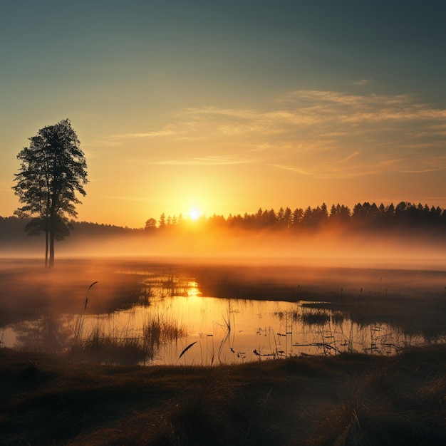 L'étreinte de l'aube Une prairie minimaliste au lever du soleil