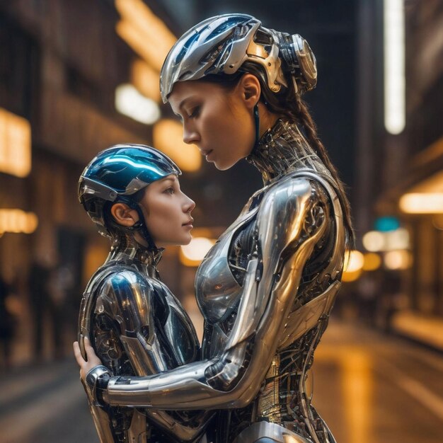 Photo l'étreinte de deux amants pose de femme humanoïde et de garçon réseau neural costume neural bionique