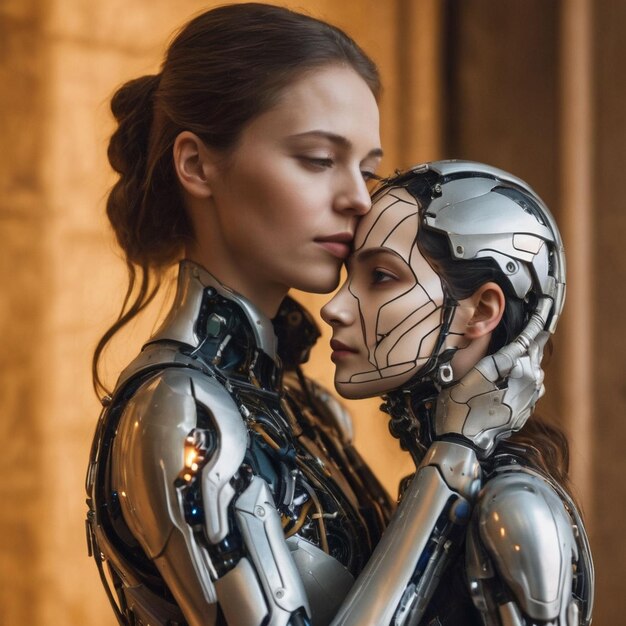 Photo l'étreinte de deux amants pose de femme humanoïde et de garçon réseau neural costume neural bionique