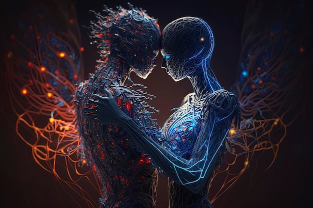 L'étreinte de deux amants pose d'un réseau neuronal humanoïde féminin et masculin adapté à la pensée neuronale bionique