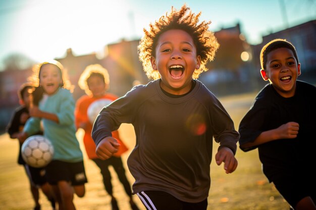 L'étreinte de l'équipe de football ou des enfants gagnants dans le stade pour l'exercice sportif, le jeu sportif ou l'entraînement