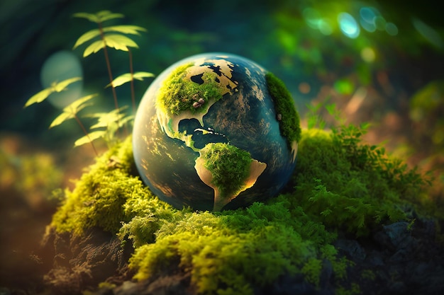 L'étreinte de la nature berce la Terre alors qu'un globe repose sur le sol moussu de la forêt, un symbole puissant de la gérance de l'environnement