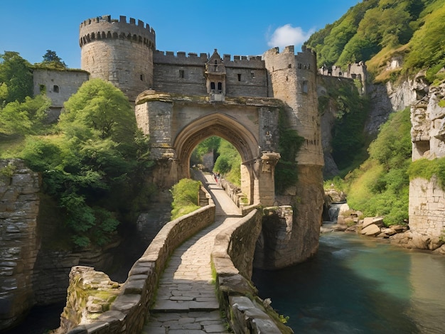 Un étroit pont de pierre menant à un château médiéval.